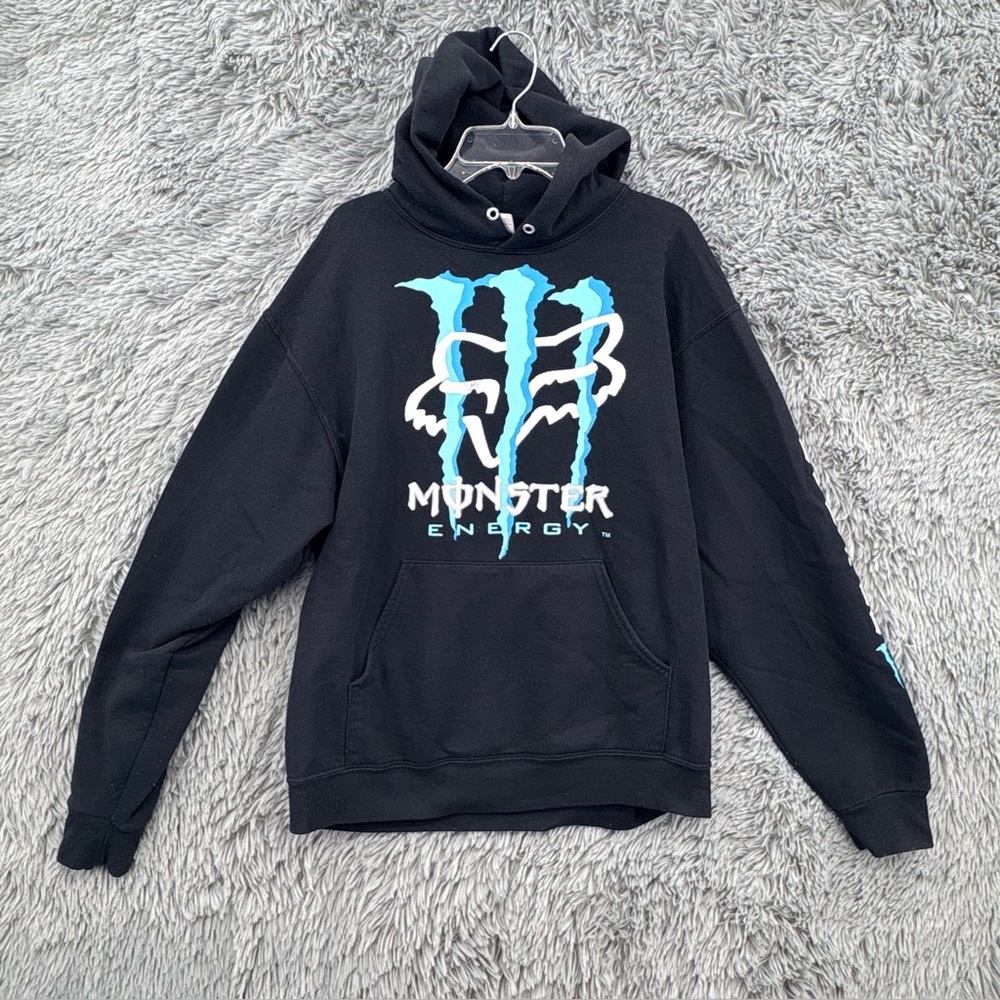 Fox Racing X Monster Hoodie Mens Medium Vintage Graphic Sweatshirt Y2K Black